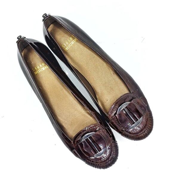 Stuart Weitzman Burgundy Patent Ballet Flats | Silver Buckle | Fall Office Chic - Picture 2 of 14